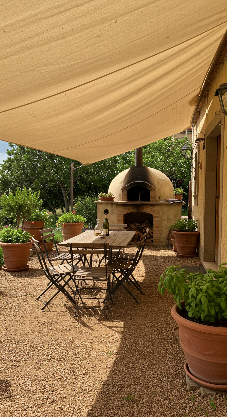 Rustikaler Pizzaofen im Garten mit Holztisch, Stühlen und Kräutertöpfen.
