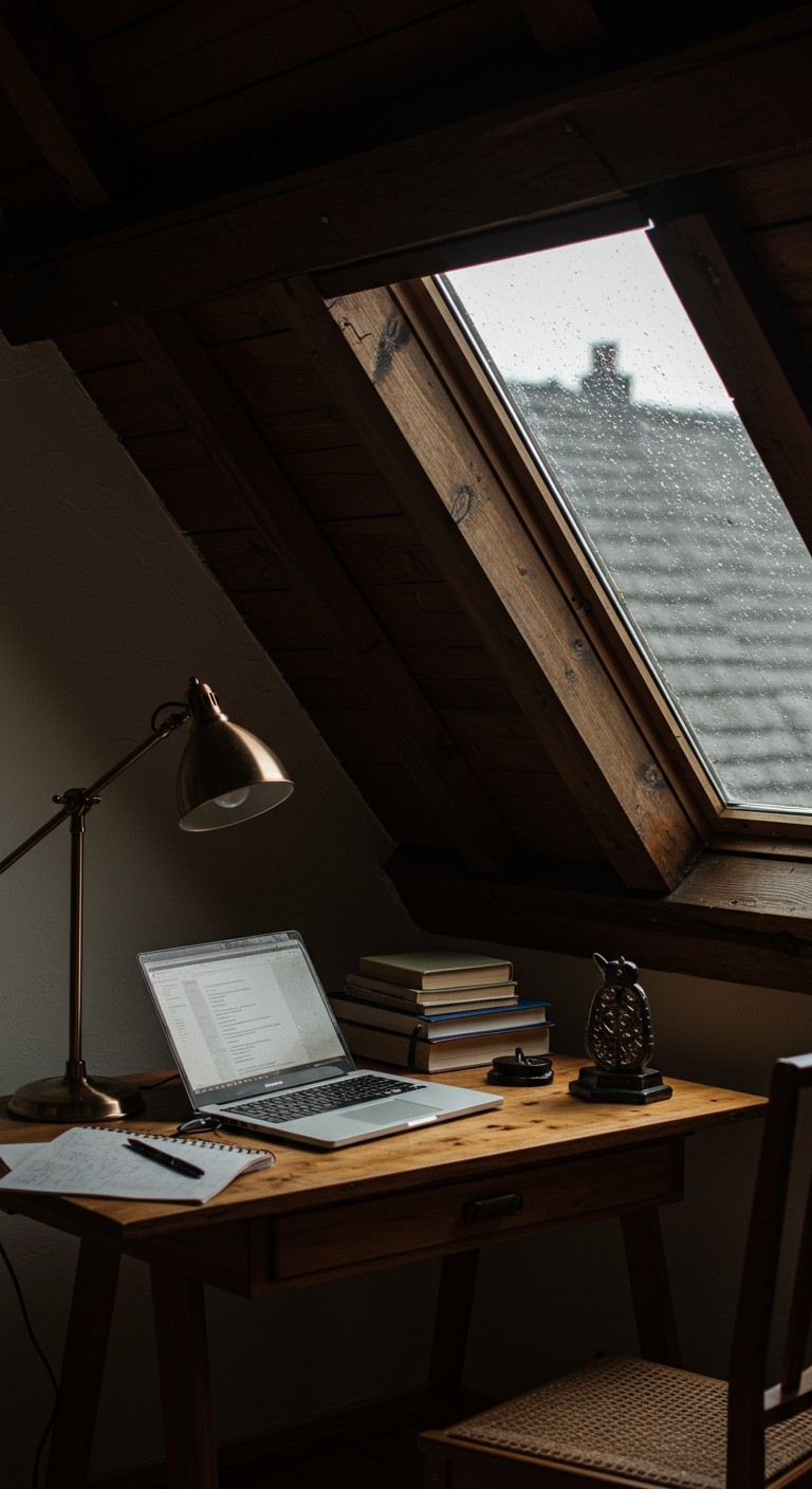 Holzschreibtisch mit Laptop und Lampe unter Dachfenster, draußen regnet es.