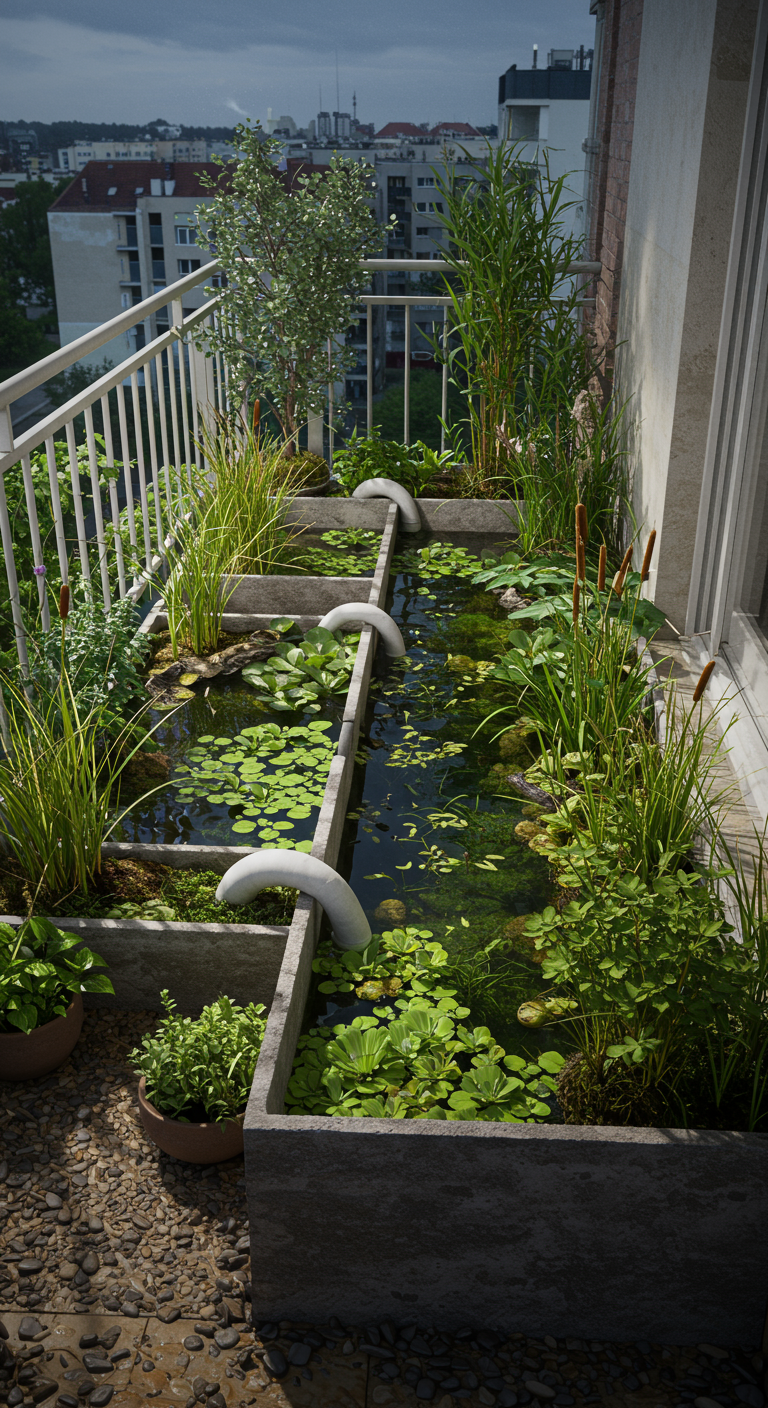 Langer Balkon mit mehreren Beton-Pflanztrögen, gefüllt mit Wasserpflanzen und Schilf.