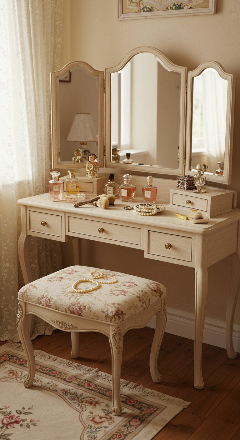 Heller Schminktisch mit Spiegel, Hocker mit Blumenmuster und Parfümflakons.
