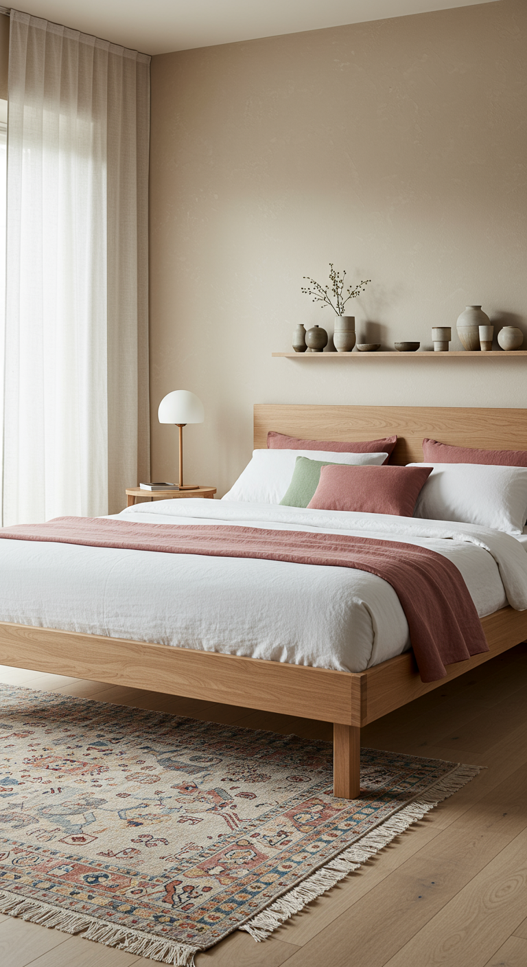 Japandi-Schlafzimmer mit Holzbett, neutralen Farben und rosa Farbakzenten.