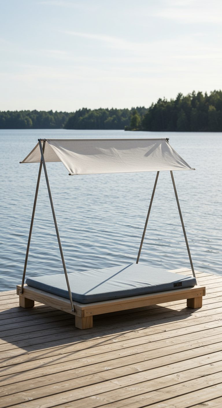 Holz-Daybed mit hellem Sonnendach auf einem Steg am Seeufer.