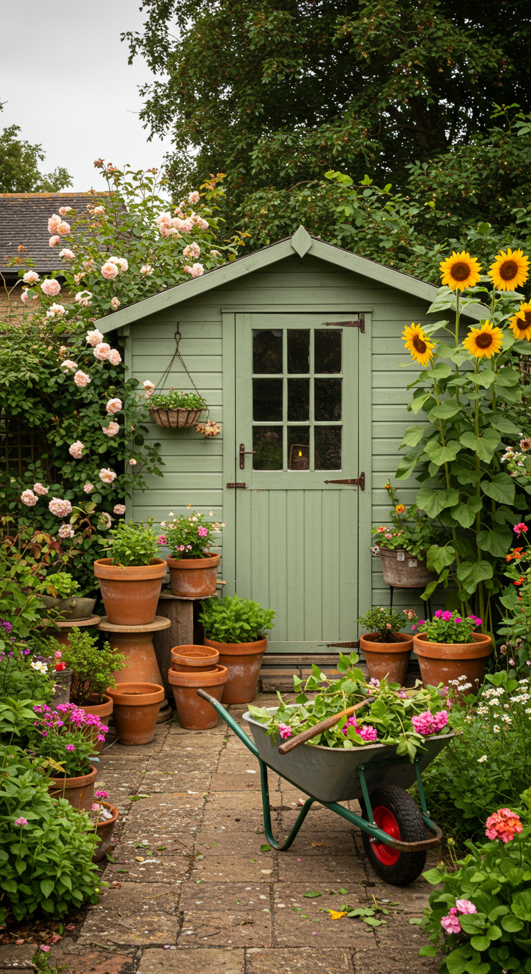 Hohe Sonnenblumen neben einem charmanten grünen Gartenhaus mit vielen Topfpflanzen und Rosen.