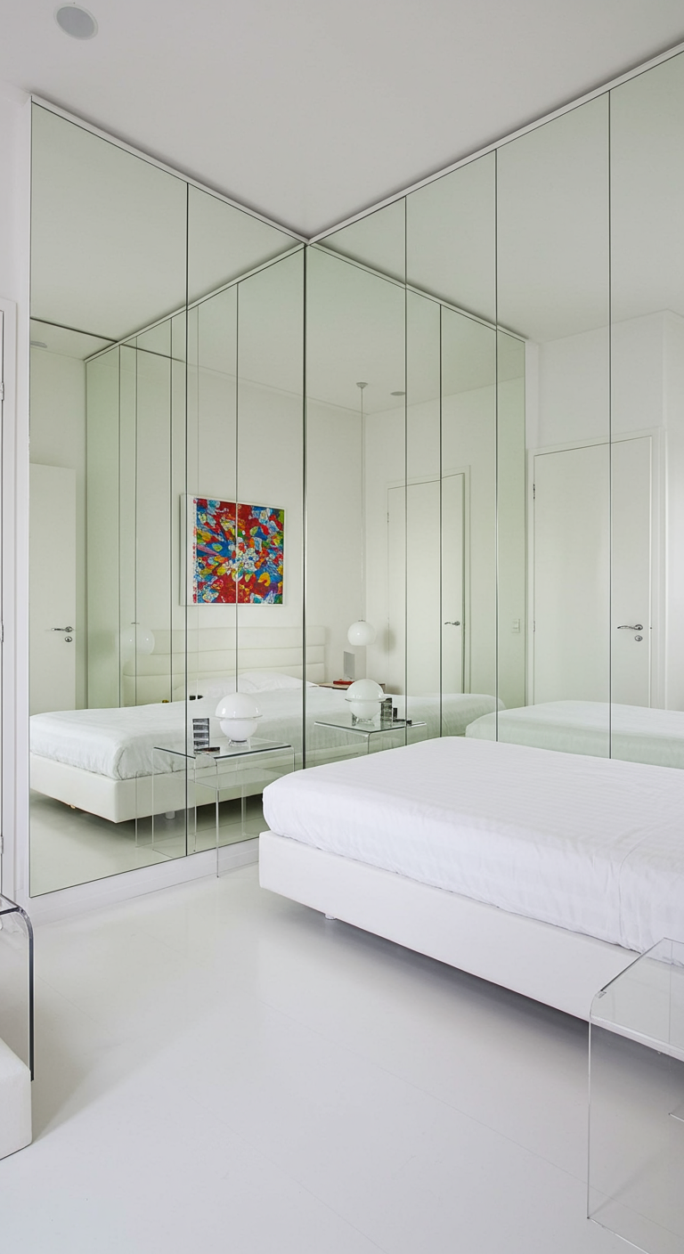 Weißes, minimalistisches Schlafzimmer mit einer kompletten Spiegelwand.