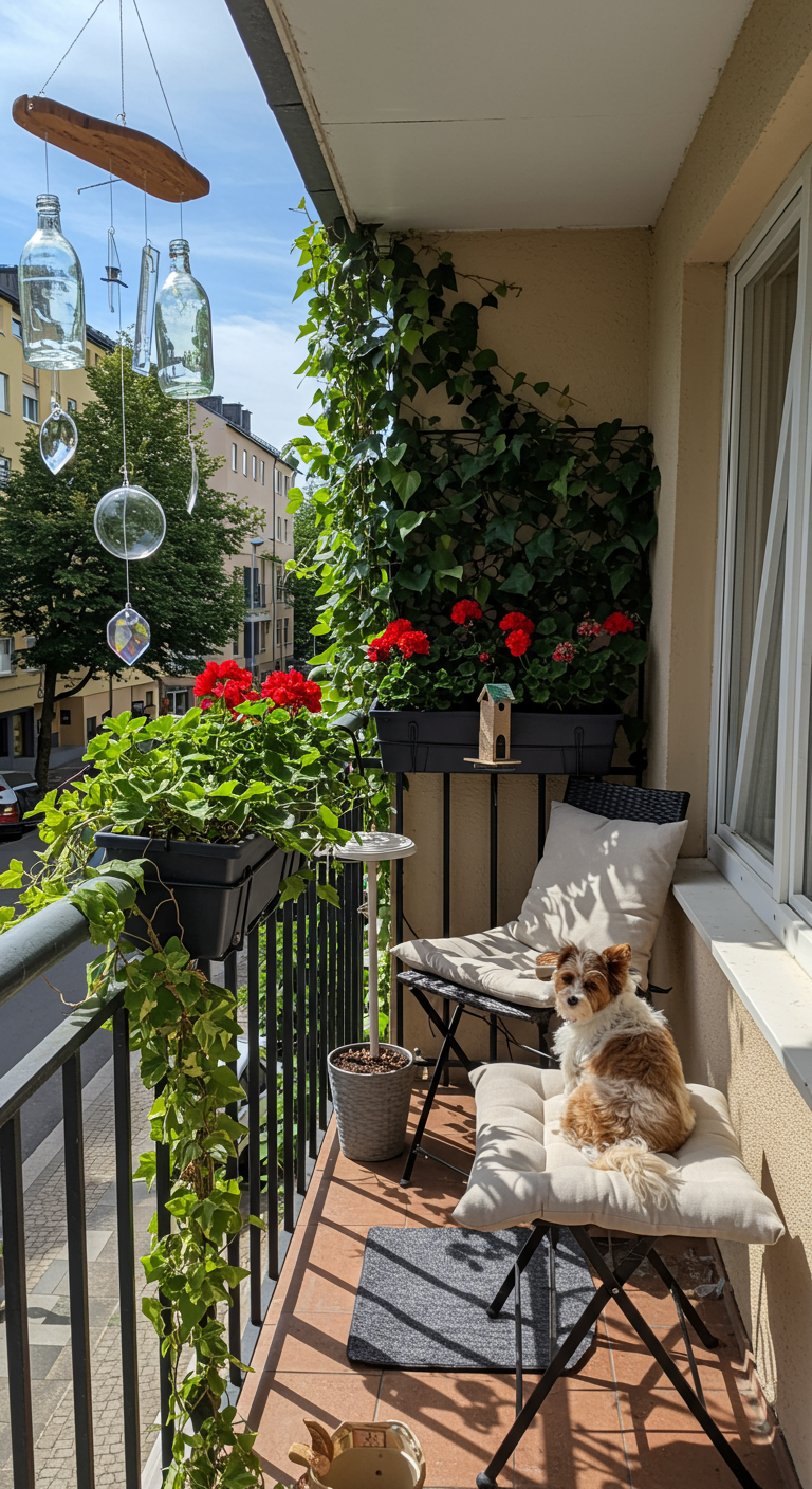 Kleiner Stadtbalkon mit DIY-Flaschen-Windspiel, Geranien und kleinem Hund.