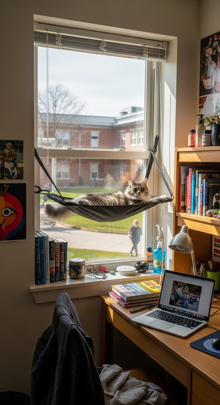 Katze in einer Fensterhängematte in einem Studentenzimmer über einem Schreibtisch.