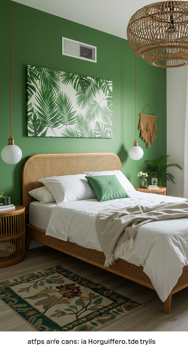 Helles Schlafzimmer mit kräftig grüner Wand und Rattanbett.
