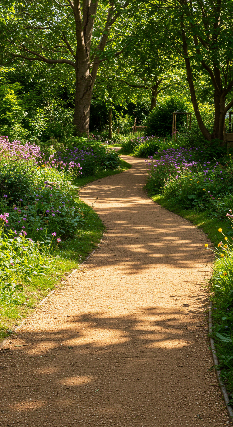 Geschwungener Gartenweg aus hellem Kies unter schattigen Bäumen.