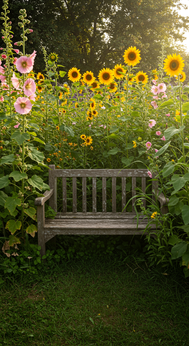 Verwitterte Holzbank steht versteckt hinter hohen Sonnenblumen und Stockrosen.