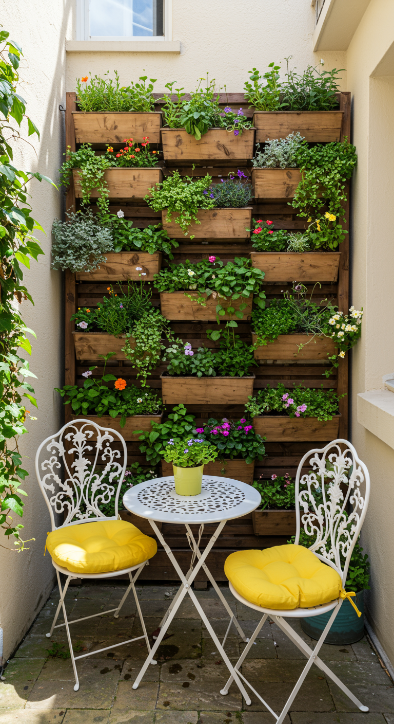 Vertikale Pflanzwand aus Holzkästen mit bunten Blumen und Bistroset davor.