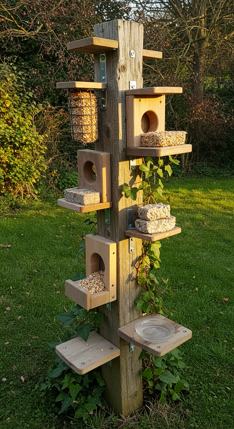 Hoher Holzpfahl mit mehreren Vogelhäuschen und Futterplattformen im Garten.