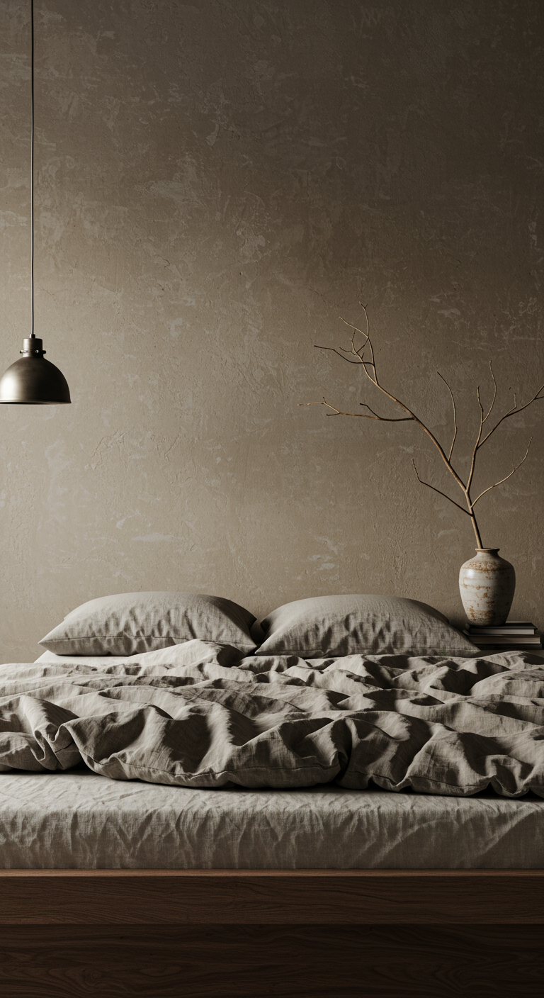 Schlafzimmer im Wabi-Sabi-Stil mit texturierter Wand und Trockenast.