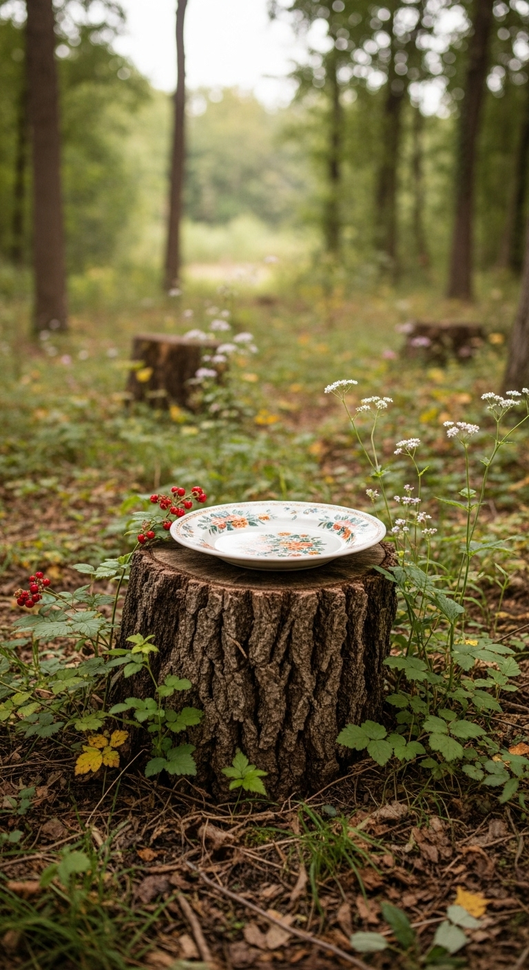 Porzellanteller mit Blumenmuster und Beeren als Vogelbad auf einem Baumstumpf im Wald.