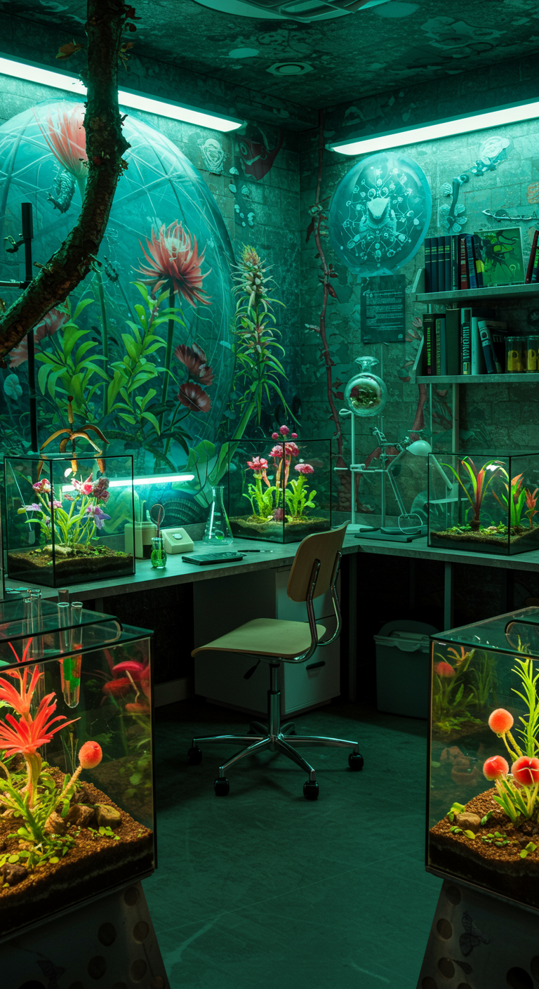 Zimmer im Stil eines Alien-Botanik-Labors mit leuchtenden Pflanzen in Terrarien.