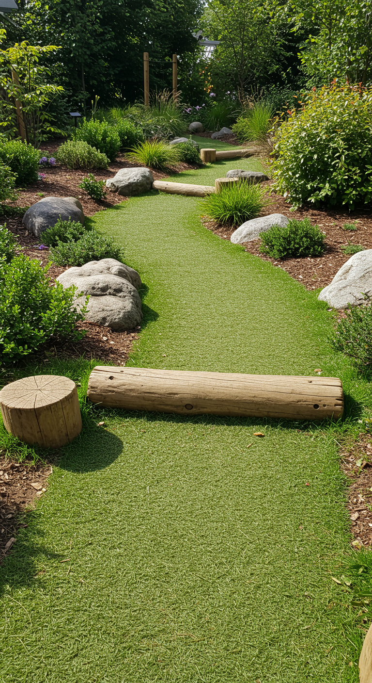 Grüner Gartenweg mit Holzstämmen und großen Steinen.