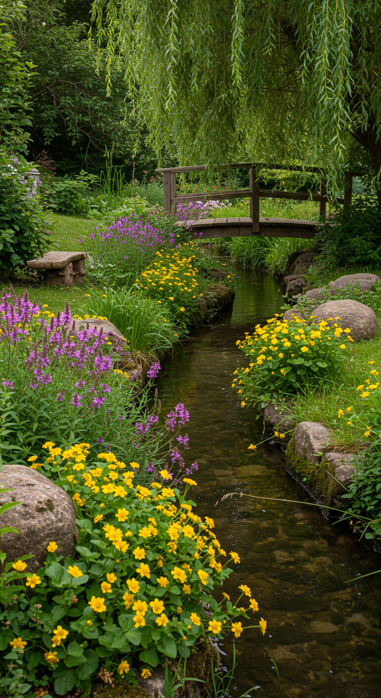 Kleiner Bach mit Holzbrücke, umgeben von gelben und violetten Blumen