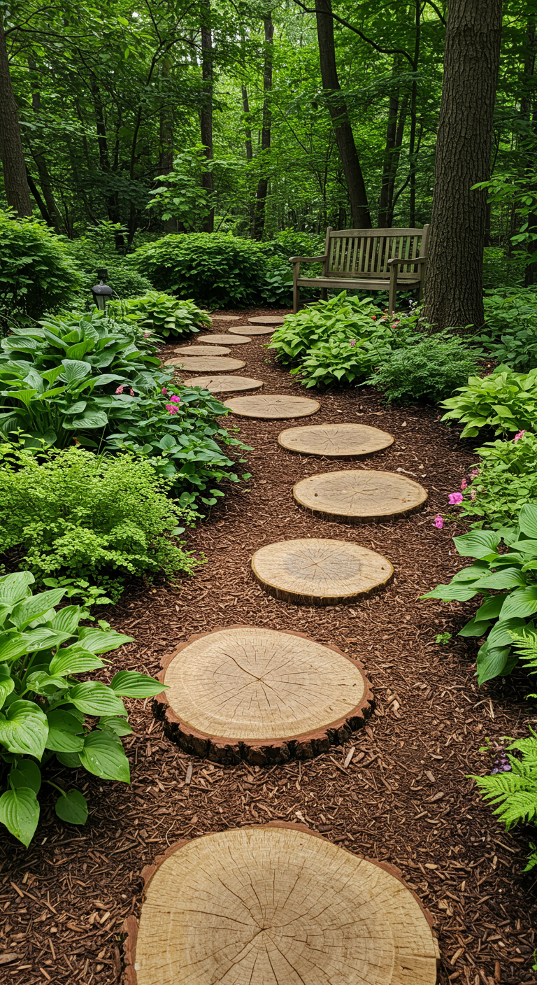 Gartenweg aus Baumscheiben auf Rindenmulch, umgeben von Hostas und anderer Bepflanzung.