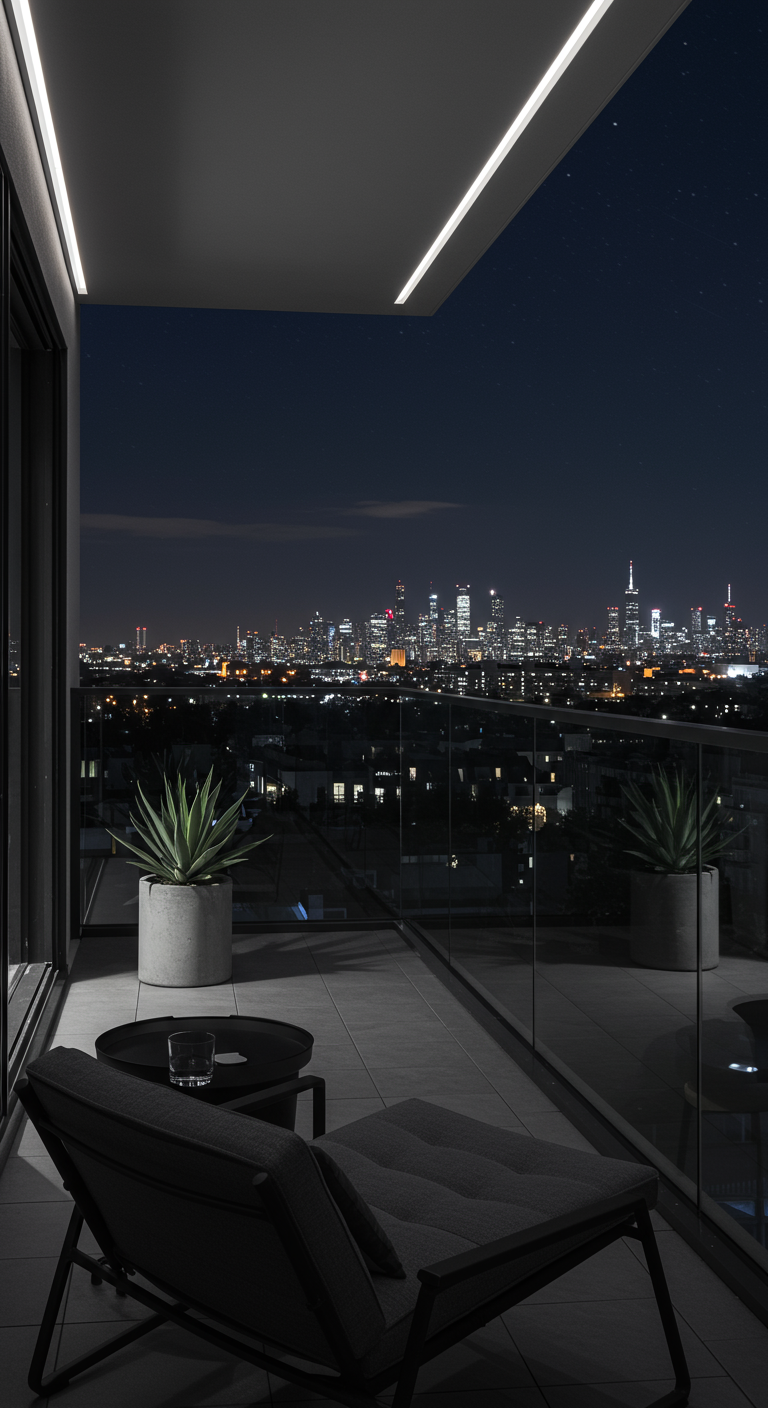 Moderner Balkon mit Liegestuhl und Blick auf eine nächtliche Skyline.