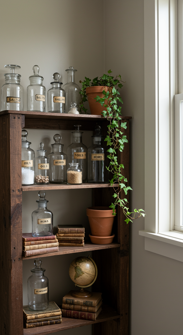 Dunkles Holzregal im Apothekerstil mit beschrifteten Gläsern, Büchern und Pflanzen.