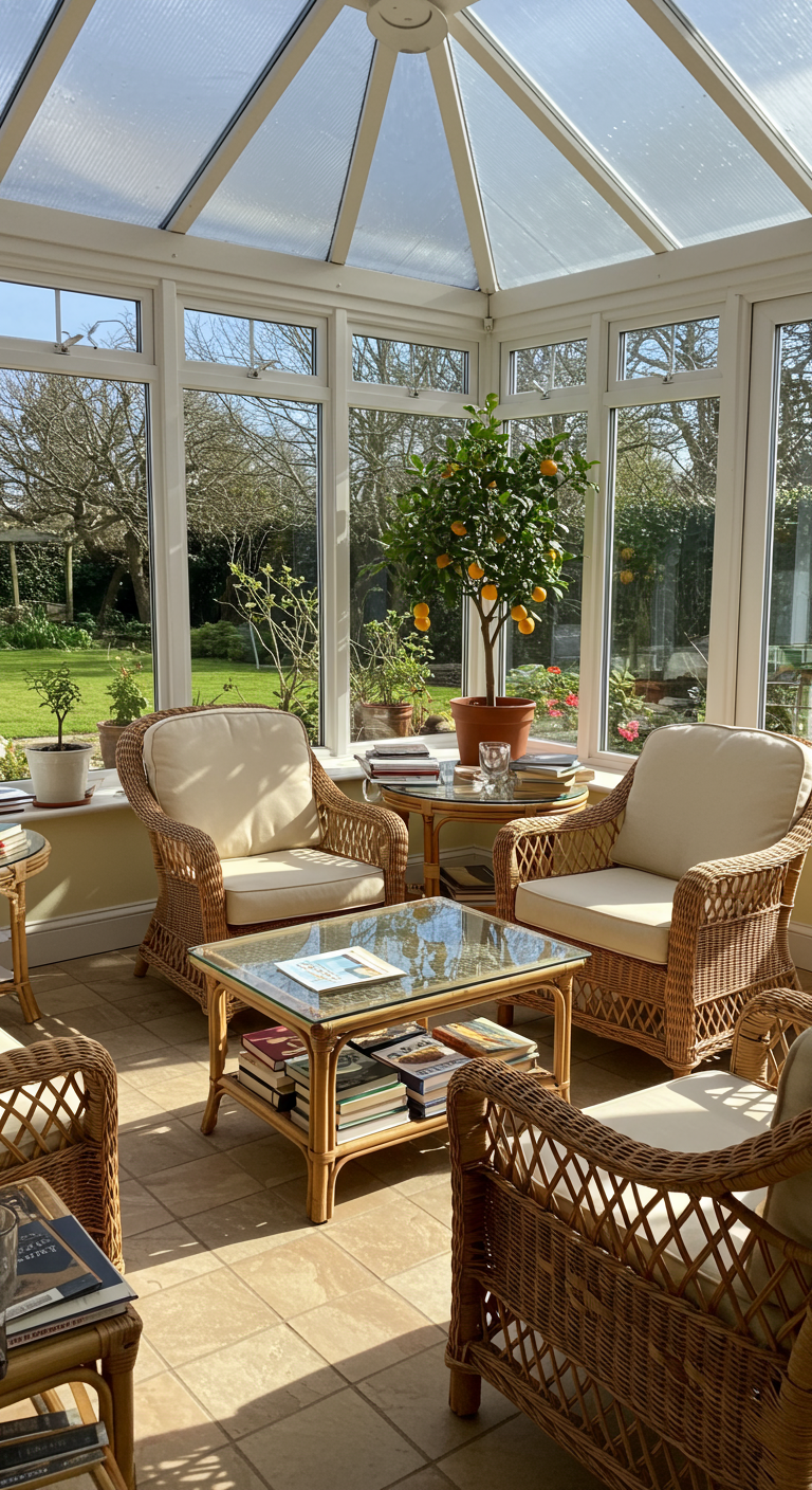 Heller Wintergarten mit Rattanmöbeln, Glastisch, Zitronenbaum und vielen Büchern.