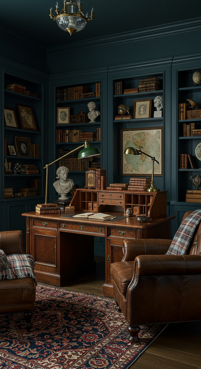 Dunkles Arbeitszimmer im Dark Academia Stil mit Bücherregalen und Ledersesseln.