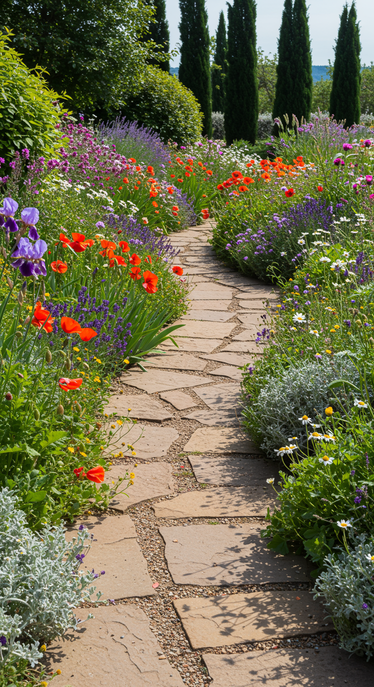 Geschwungener Steinpfad durch ein Beet mit bunten Wildblumen wie Mohn und Lavendel.