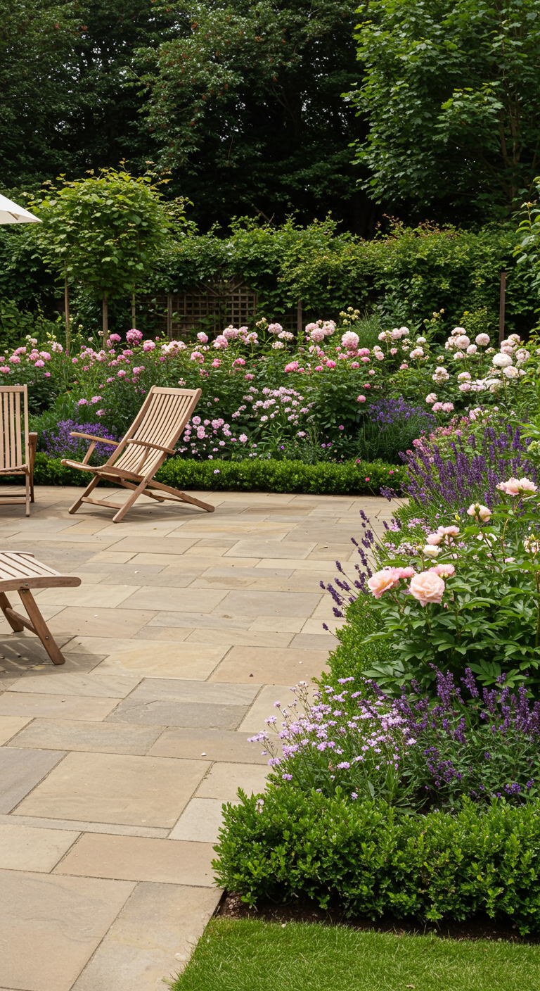 Sonnige Terrasse mit Holzliegen neben einem üppigen Beet voller blühender Rosen und Lavendel.