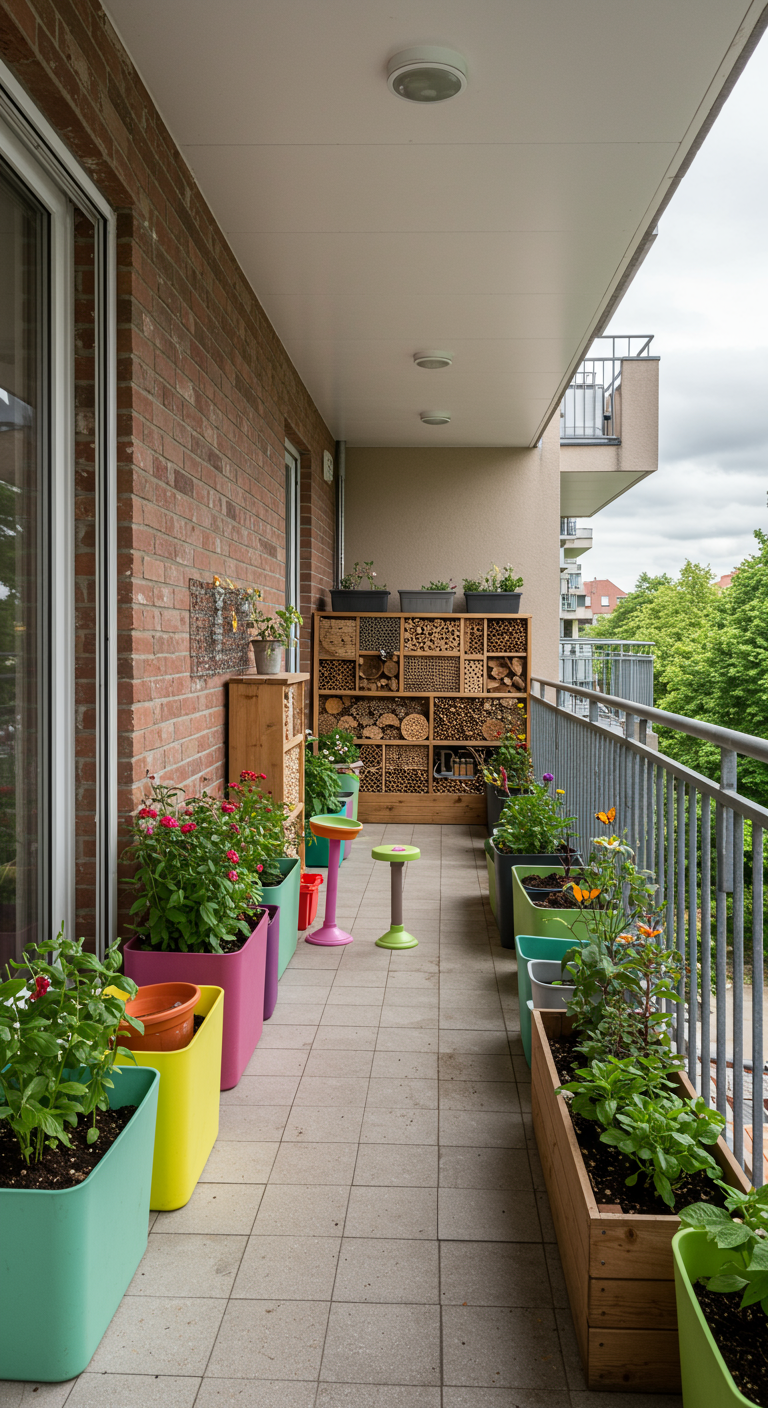 Langer Balkon mit bunten Hochbeeten und großem Insektenhotel aus Holz.