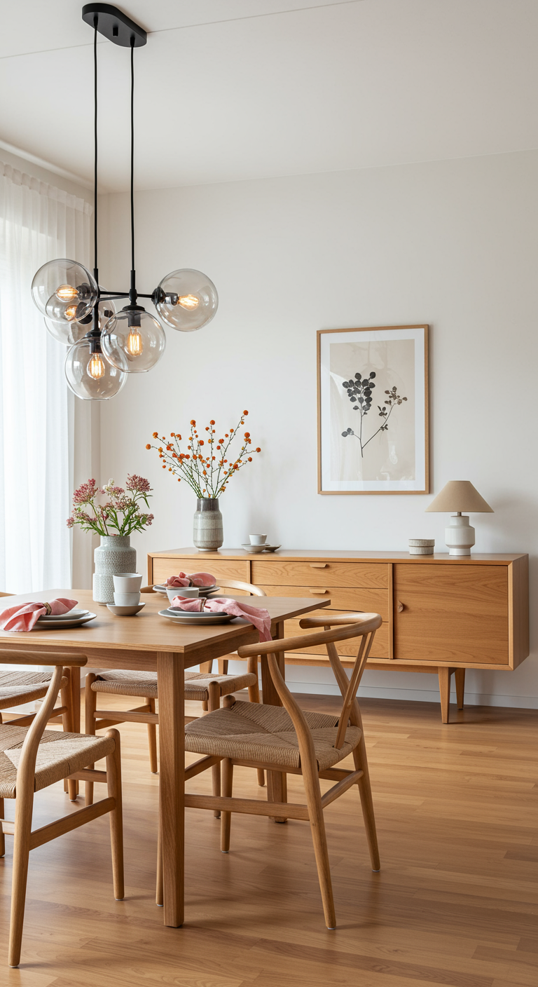 Japandi Esszimmer mit Holztisch, moderner Lampe und rosa Leinenservietten.