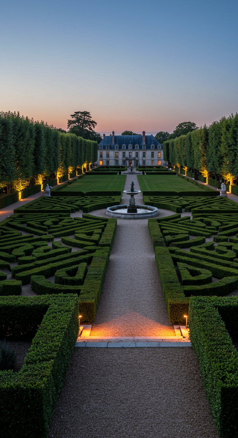 Formaler Garten mit Buchsbaum-Labyrinth, Kieswegen, Brunnen und Schloss im Hintergrund, beleuchtet.