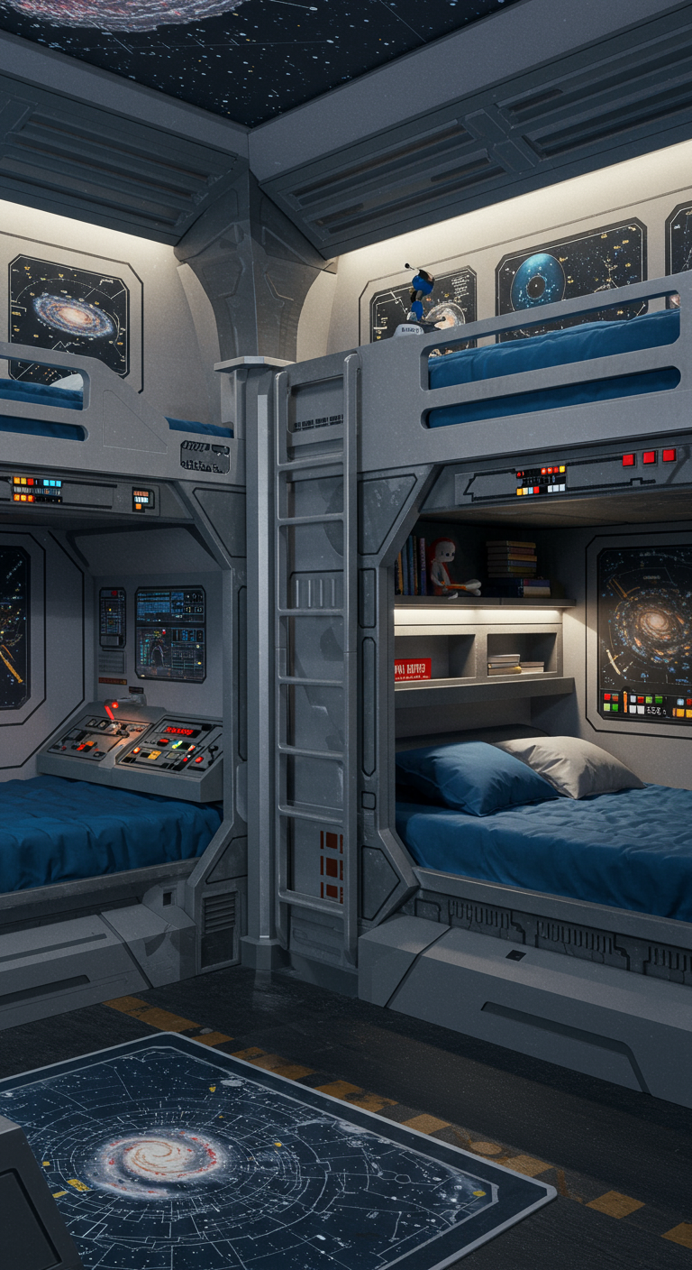 Futuristisches Etagenbett-System im Raumschiff-Design mit Kontrollpaneelen.