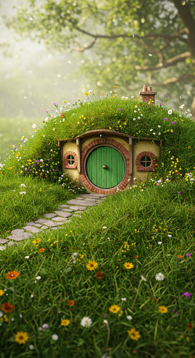 Hobbit-Loch-Vogelhaus mit grasbewachsenem Dach und runder grüner Tür in einer Wiese.