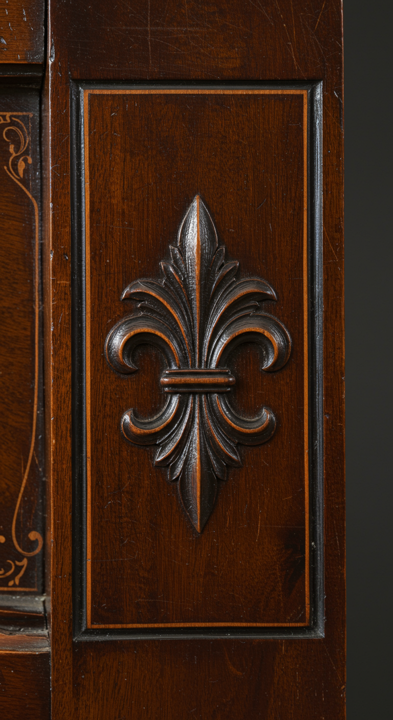 Nahaufnahme einer geschnitzten Fleur-de-Lis aus dunklem Holz auf einer Möbeltür.