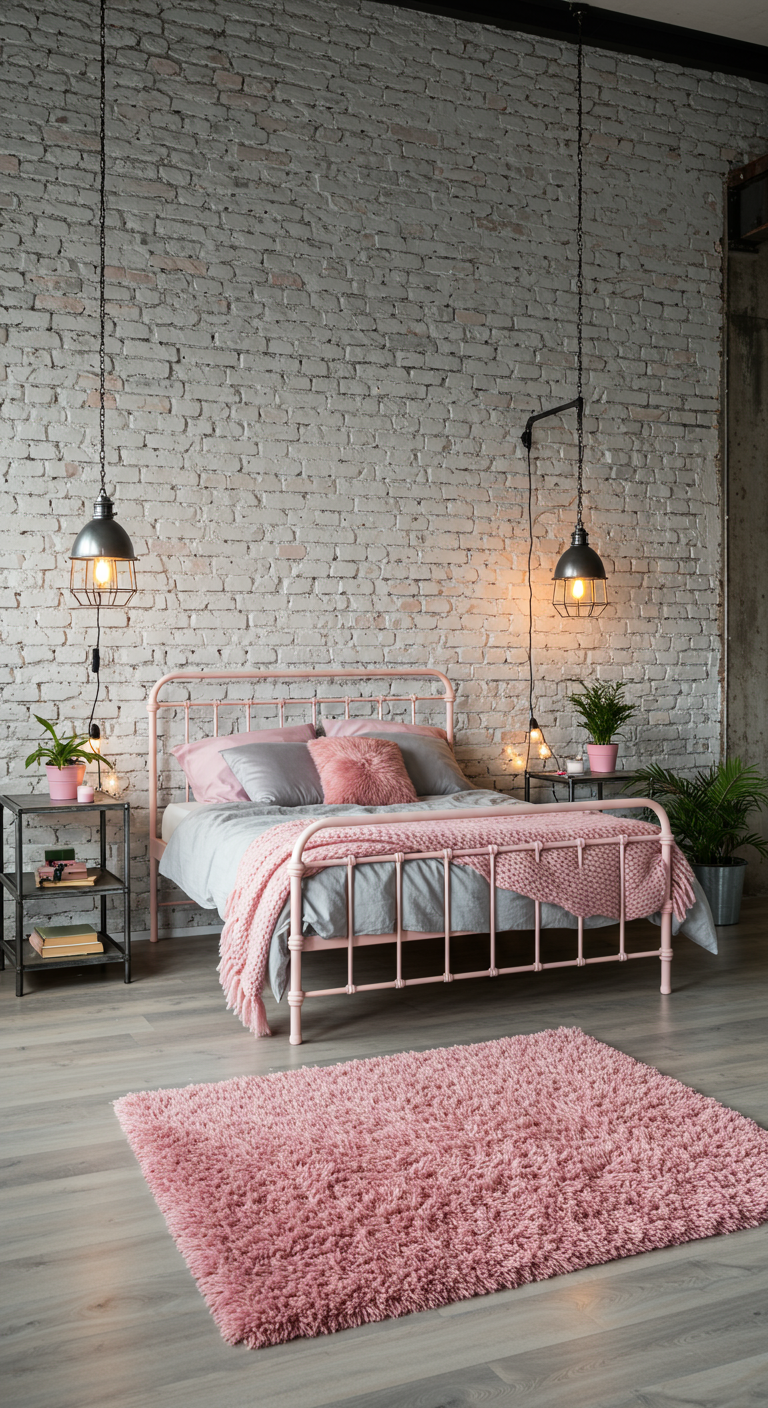 Industrielles Schlafzimmer mit rosa Metallbett vor einer Backsteinwand.