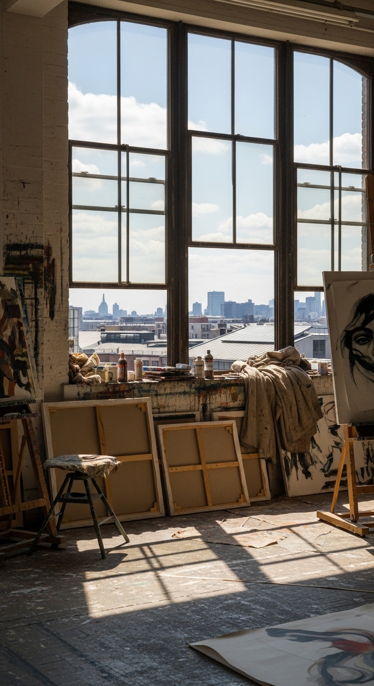 Großes Industriefenster in einem Künstleratelier mit Blick auf die Stadt.