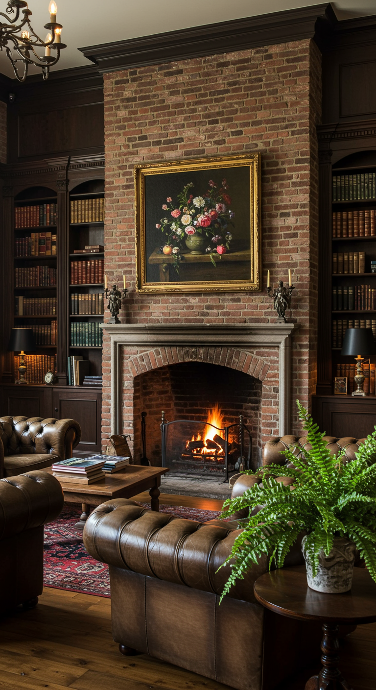 Klassisches Kaminzimmer mit Backsteinkamin, Chesterfield-Sofas und Bücherregalen.