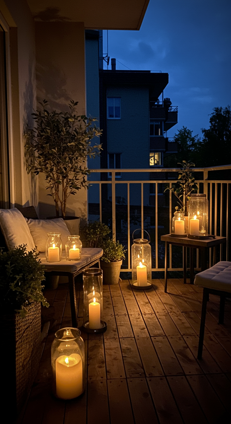 Mehrere große Windlichter mit brennenden Kerzen auf einem Holzbalkon bei Nacht.