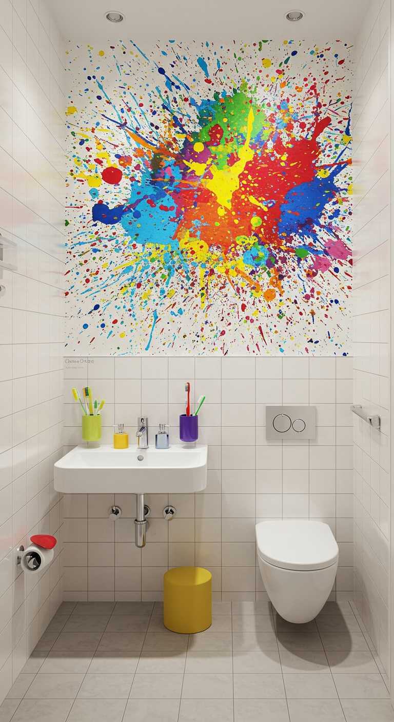 Weißes Kinderbad mit einer großen, bunten Farbexplosion als Wandbild hinter dem Waschbecken.