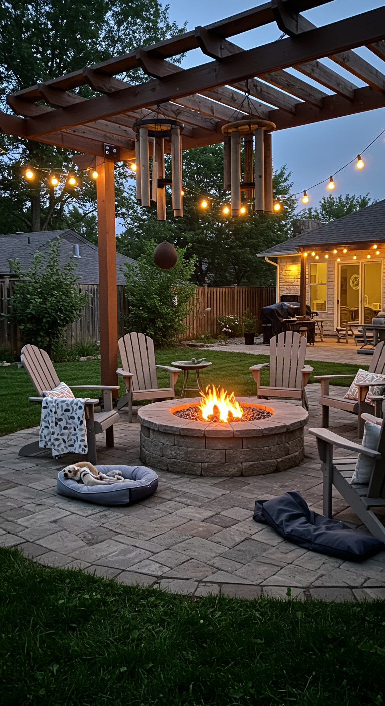Garten mit Feuerstelle, Adirondack-Stühlen, Holz-Windspielen und Lichterketten.
