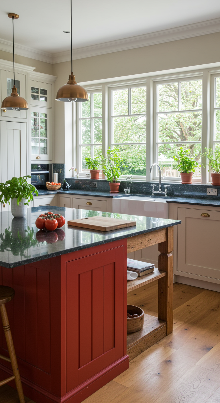 Helle Landhausküche mit roter Insel, Kräutern am Fenster und Holzboden.