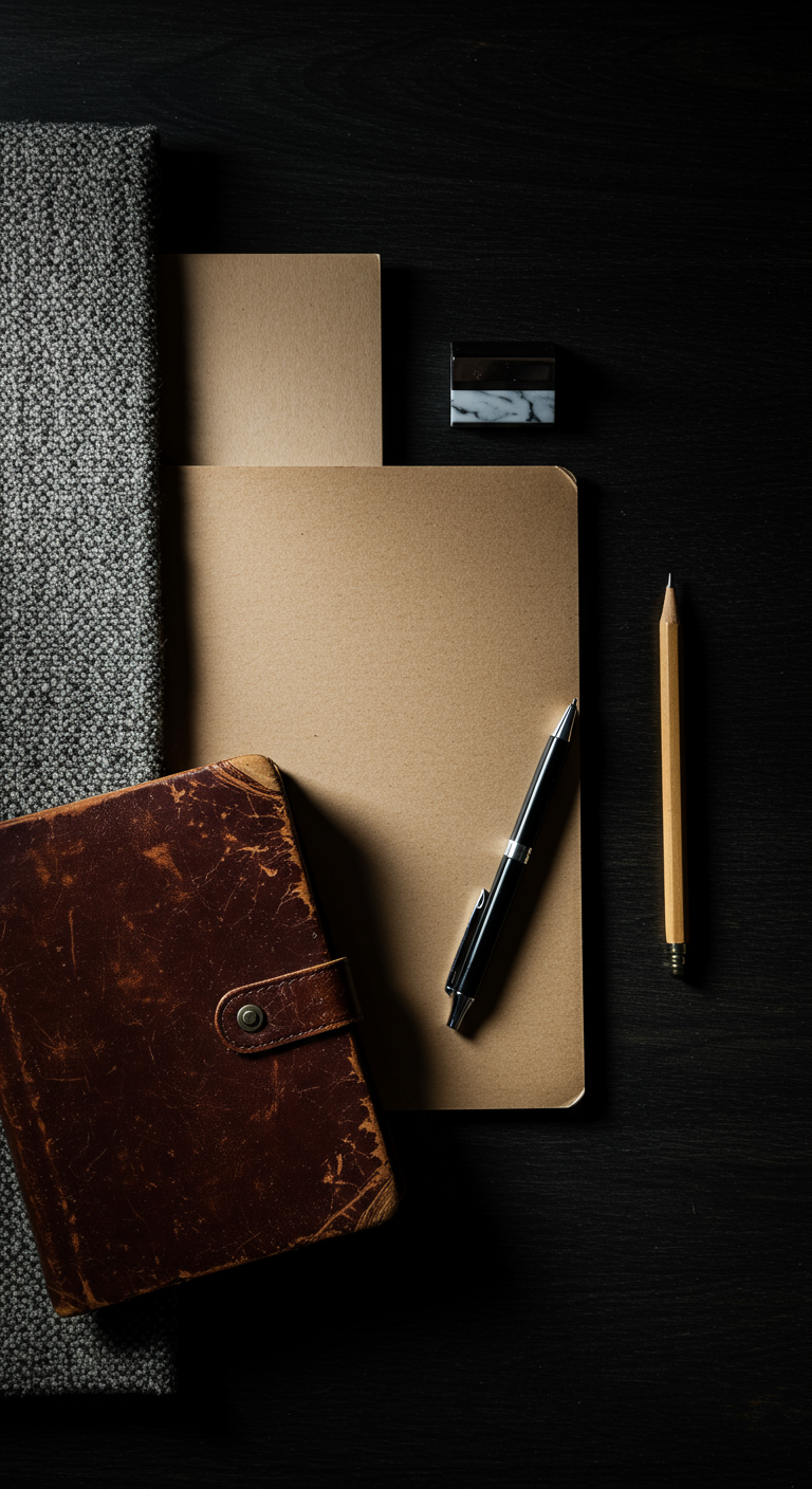 Flatlay auf dunklem Holz: Lederbuch, Papierblock, Stift, Stoff.