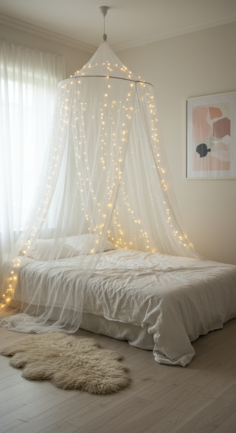 Bett mit weißem Baldachin und Lichterketten in hellem Raum.