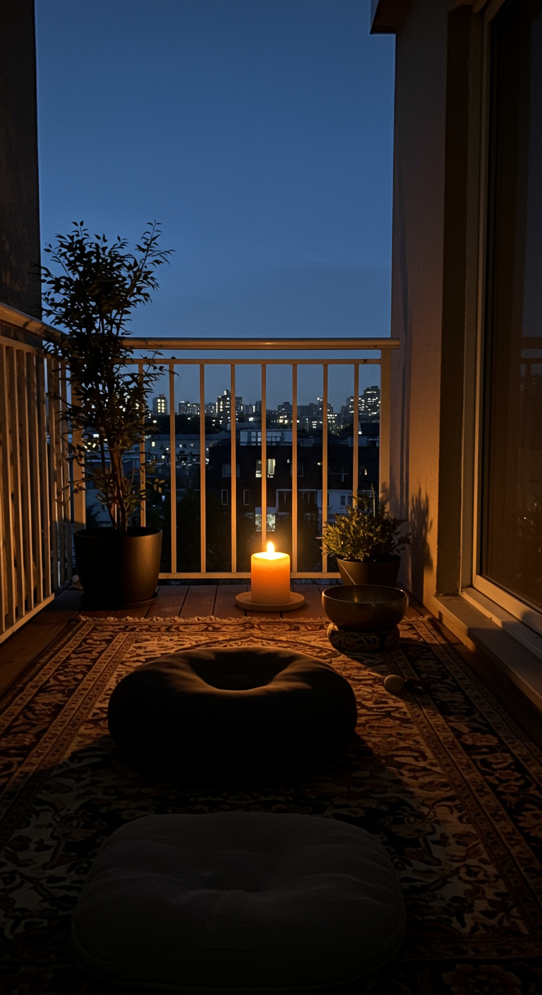 Kleiner Tischkamin mit Bioethanol-Flamme auf einem Holztisch auf dem Balkon.