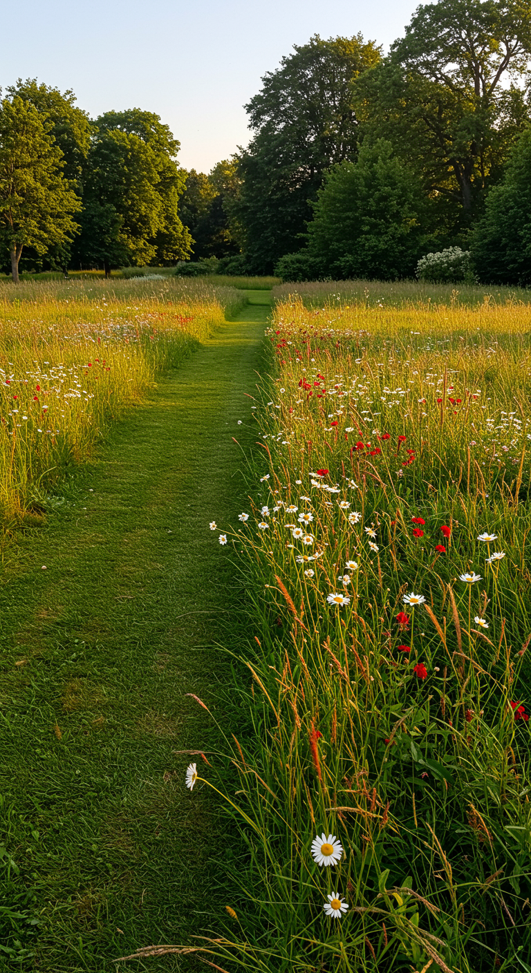 Ein gemähter Rasenpfad führt durch eine blühende Wildblumenwiese mit rotem Mohn und weißen Margeriten.