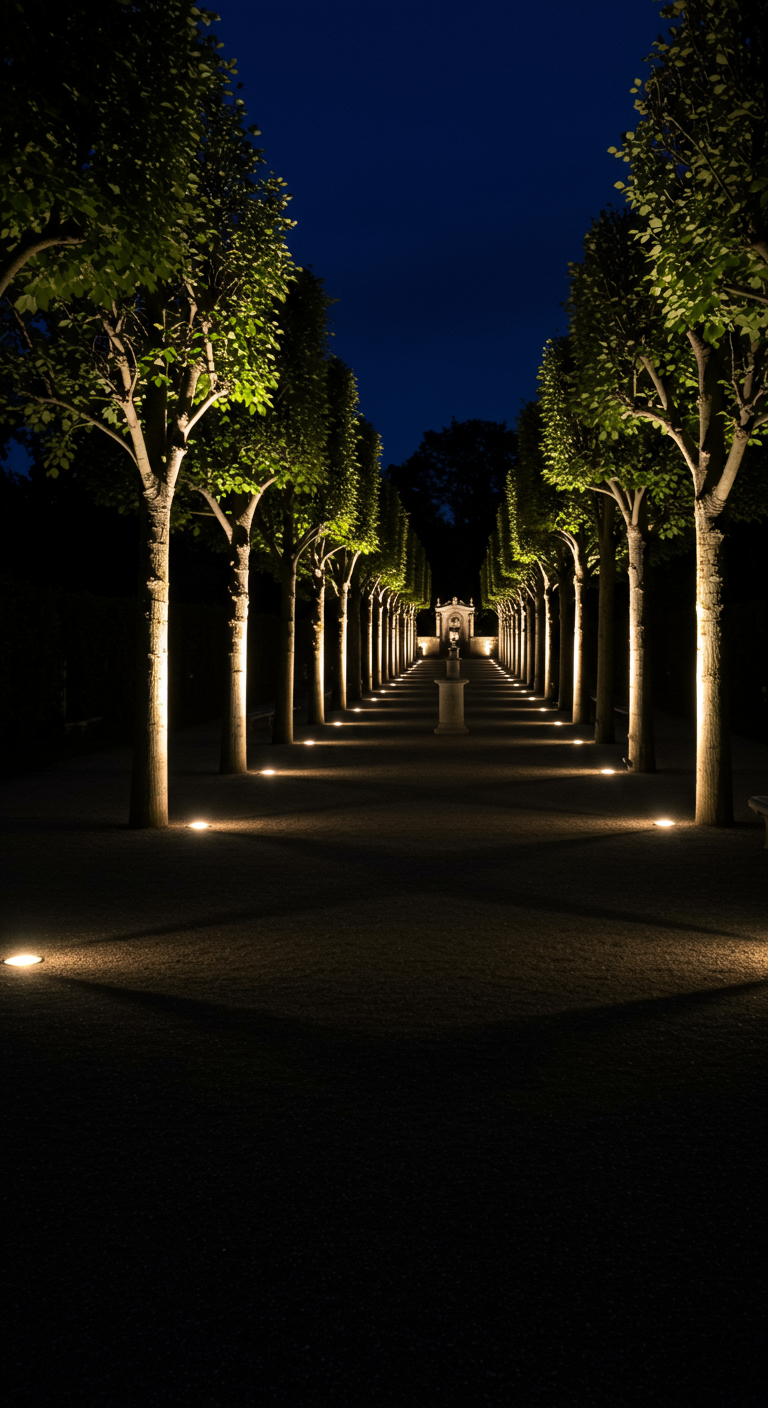 Lange Baumallee bei Nacht, Stämme und Weg durch symmetrisch platzierte Bodenlichter beleuchtet.