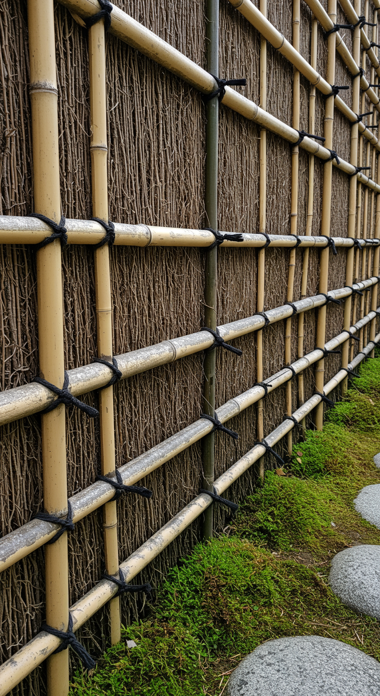 Nahaufnahme eines traditionellen japanischen Bambuszauns mit schwarzen Knoten.