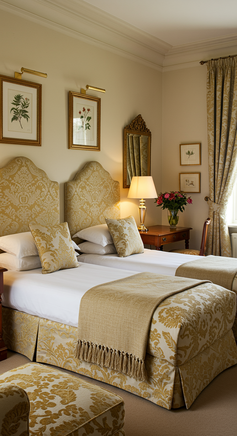 Traditionelles Gästezimmer mit zwei Einzelbetten, gemusterten Kopfteilen und Tagesdecken.