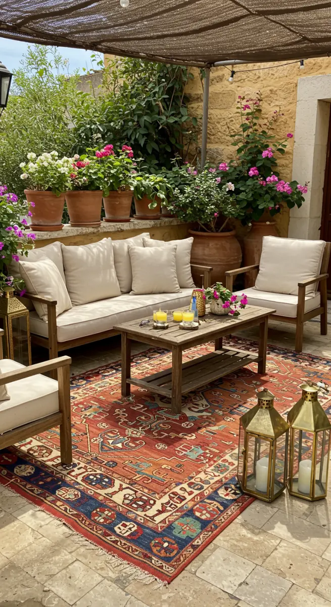 Terrasse mit Holzmöbeln, buntem Kelim-Teppich, vielen Pflanzen und goldenen Laternen.
