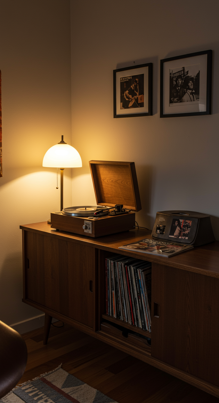 Plattenspieler auf einem Holz-Sideboard mit Platten und Tischlampe.