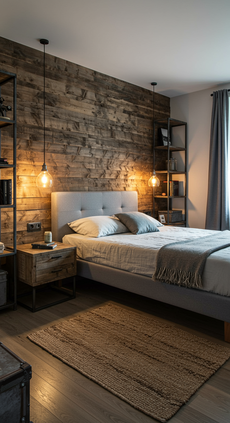Schlafzimmer mit rustikaler Altholz-Akzentwand und industriellen Möbeln.